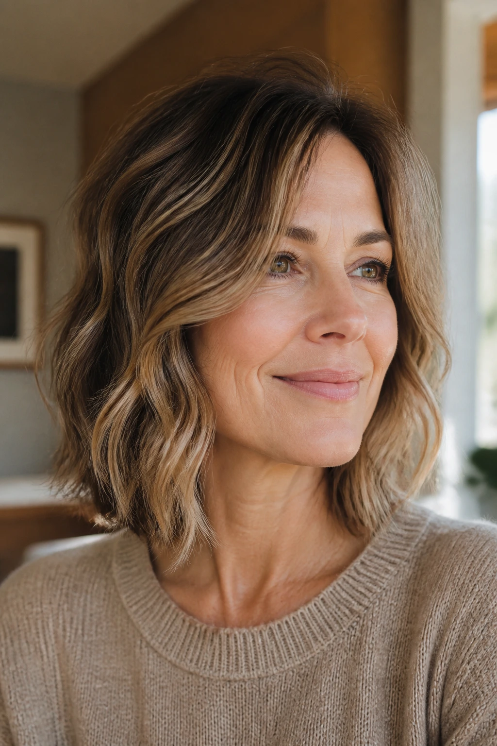 Close-up portrait of a real woman with a wavy lob and razor-cut ends in soft window light.