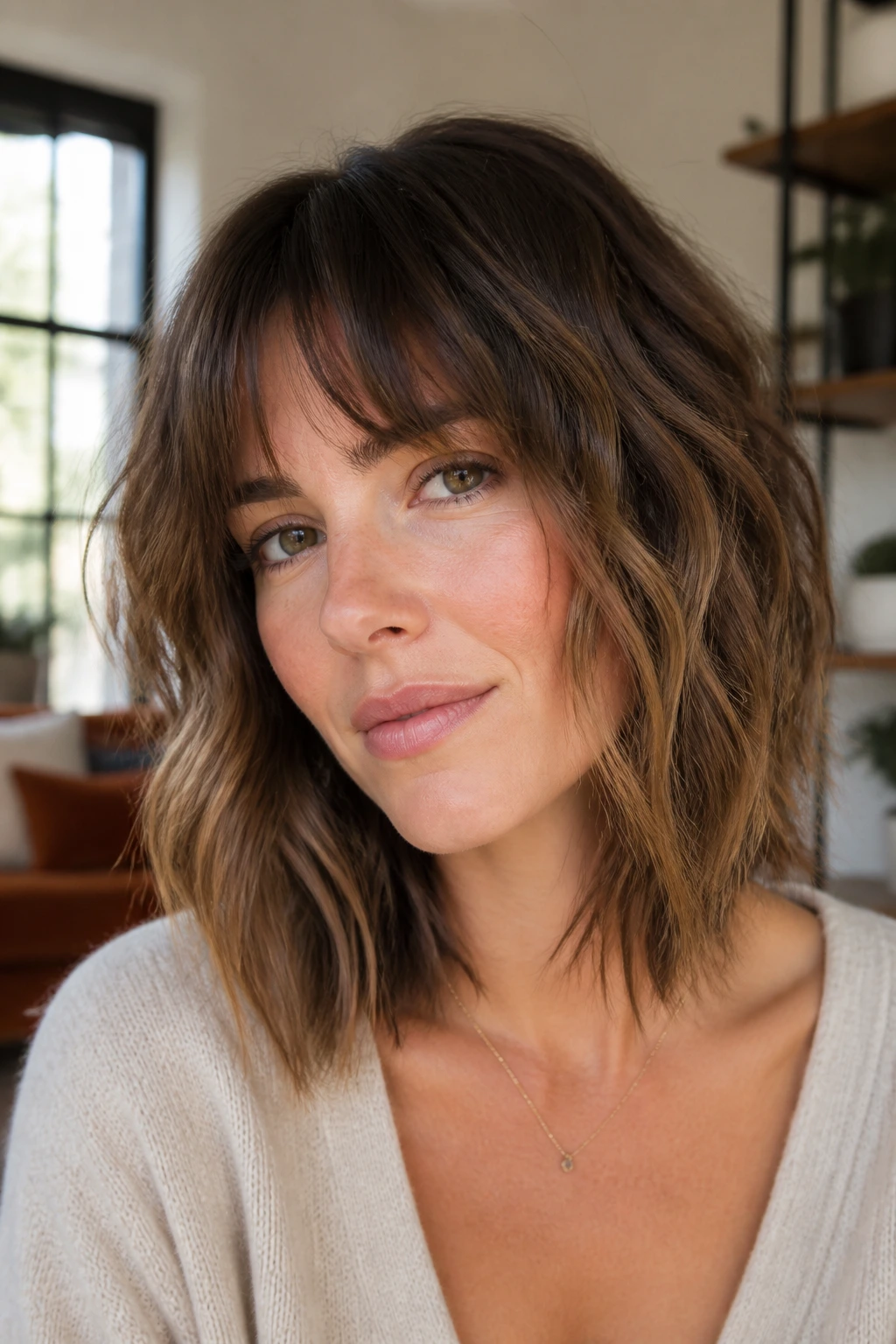 Close-up portrait of a real woman with a wavy lob and razored bangs