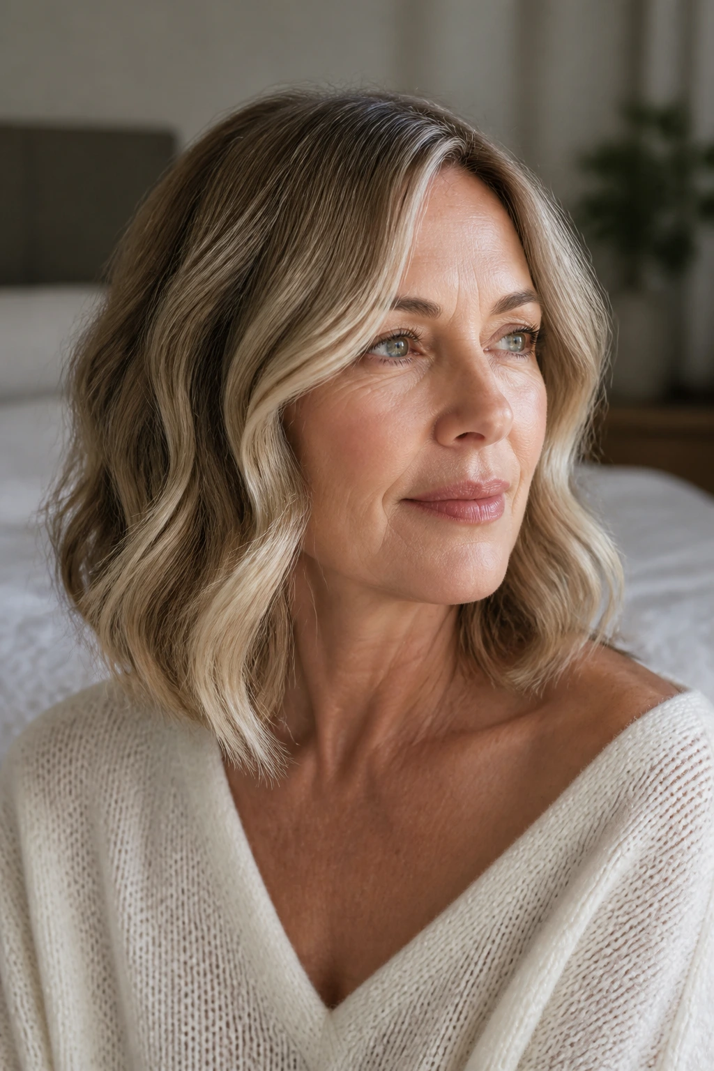 Close-up portrait of a real woman with a wavy lob and S-bend texture