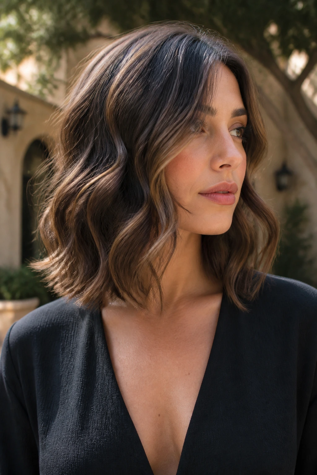 Close-up portrait of a real person with a wavy S-bend lob.