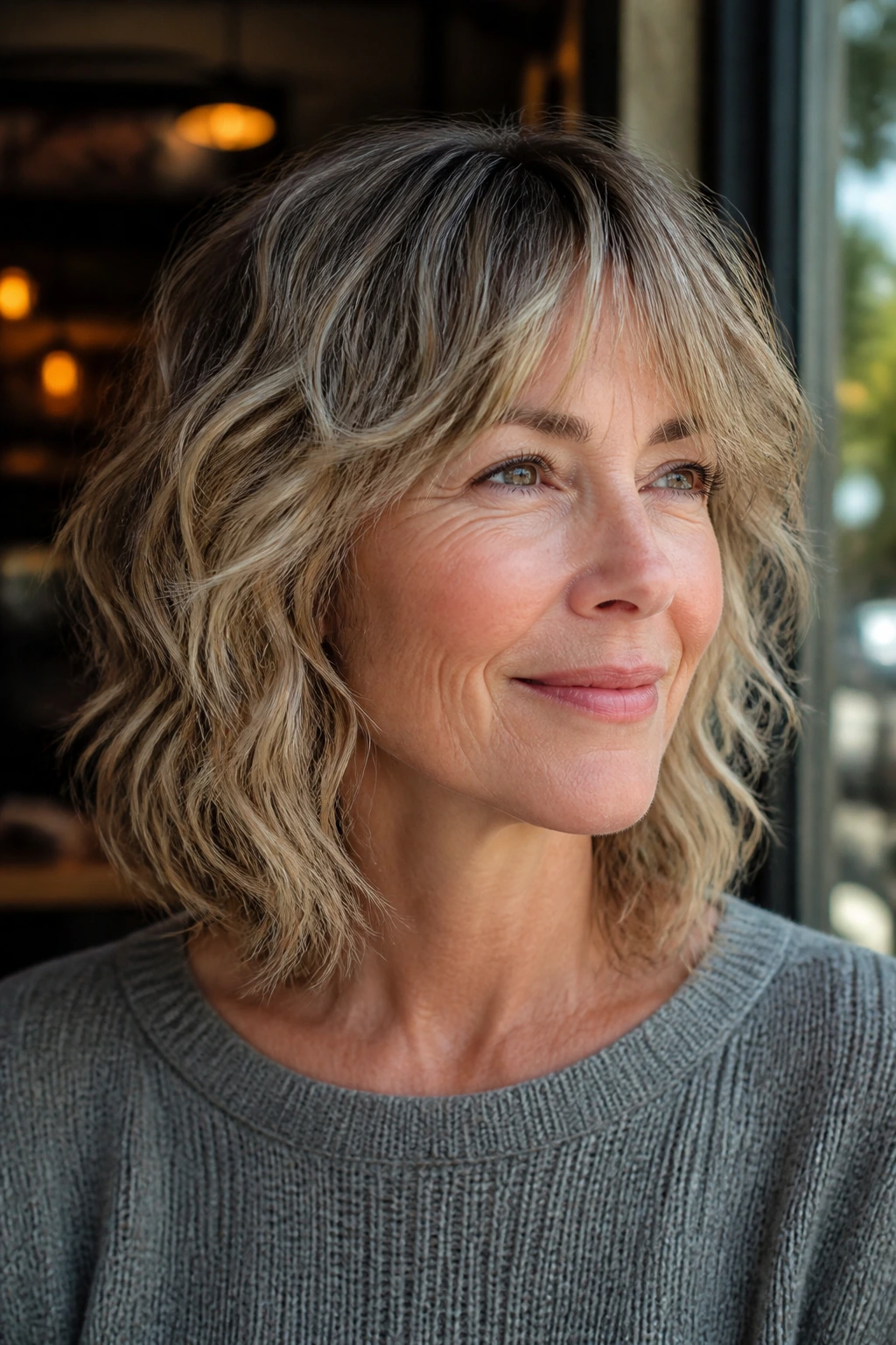 Close-up portrait of a woman with a wavy lob shag and soft layering.