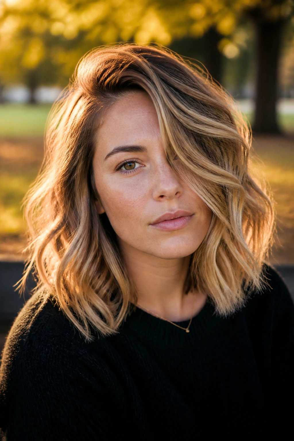 Woman with a wavy lob and heavy side bend in golden hour light