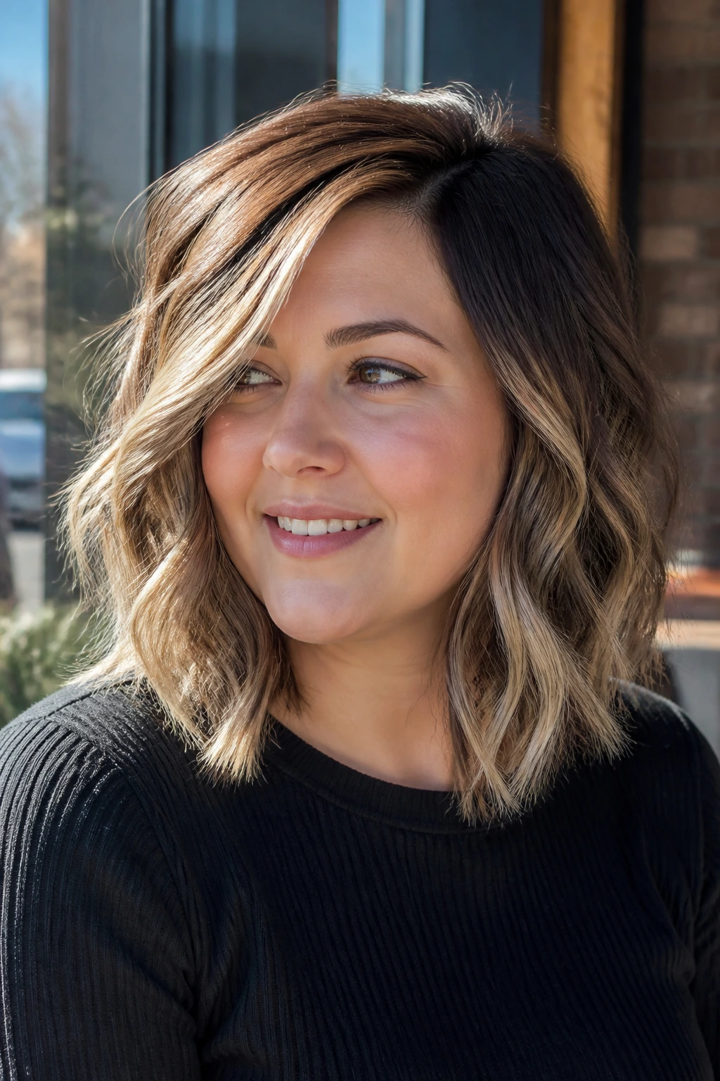 Close-up portrait of a real woman with wavy lob and sunlit ribbons