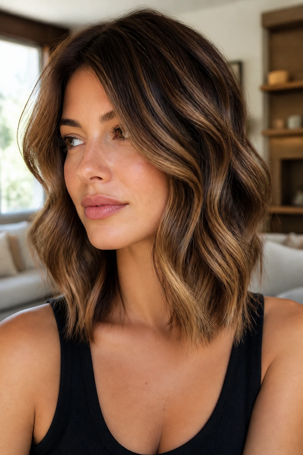 Close-up of real woman with a wavy lob and toasted caramel highlights by window light
