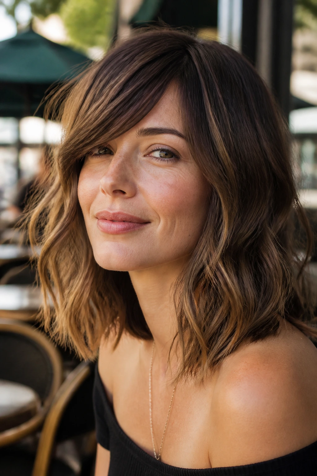 Close-up portrait of a real woman with wavy lob and uneven ends at a sunlit outdoor cafe