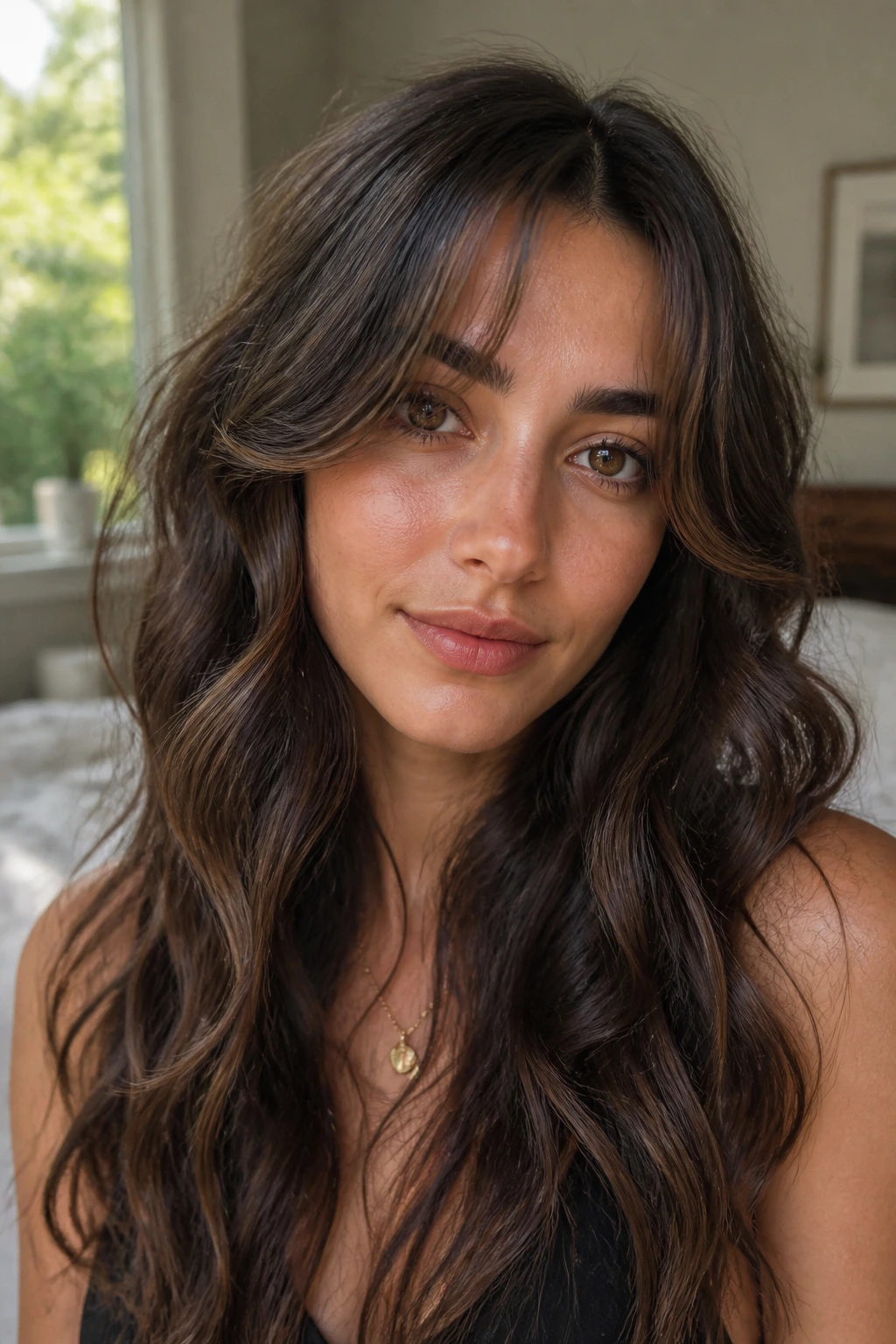 Close-up portrait of a real person with wavy long bangs following natural bend in soft daylight