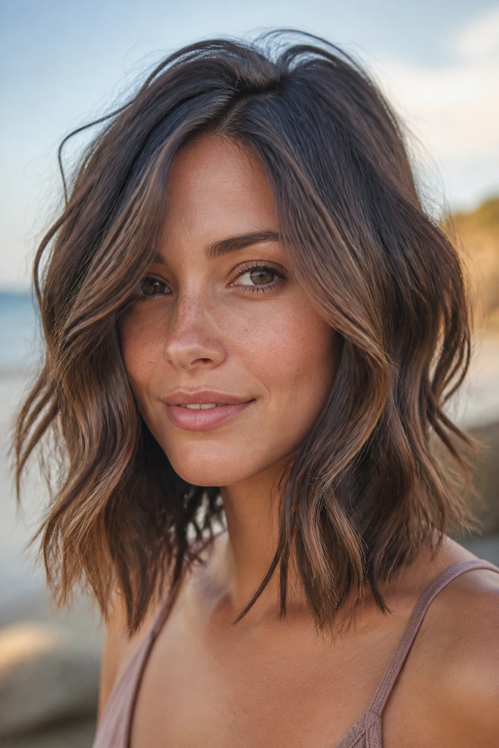 Close-up of a real woman with a wavy long inverted bob at golden hour