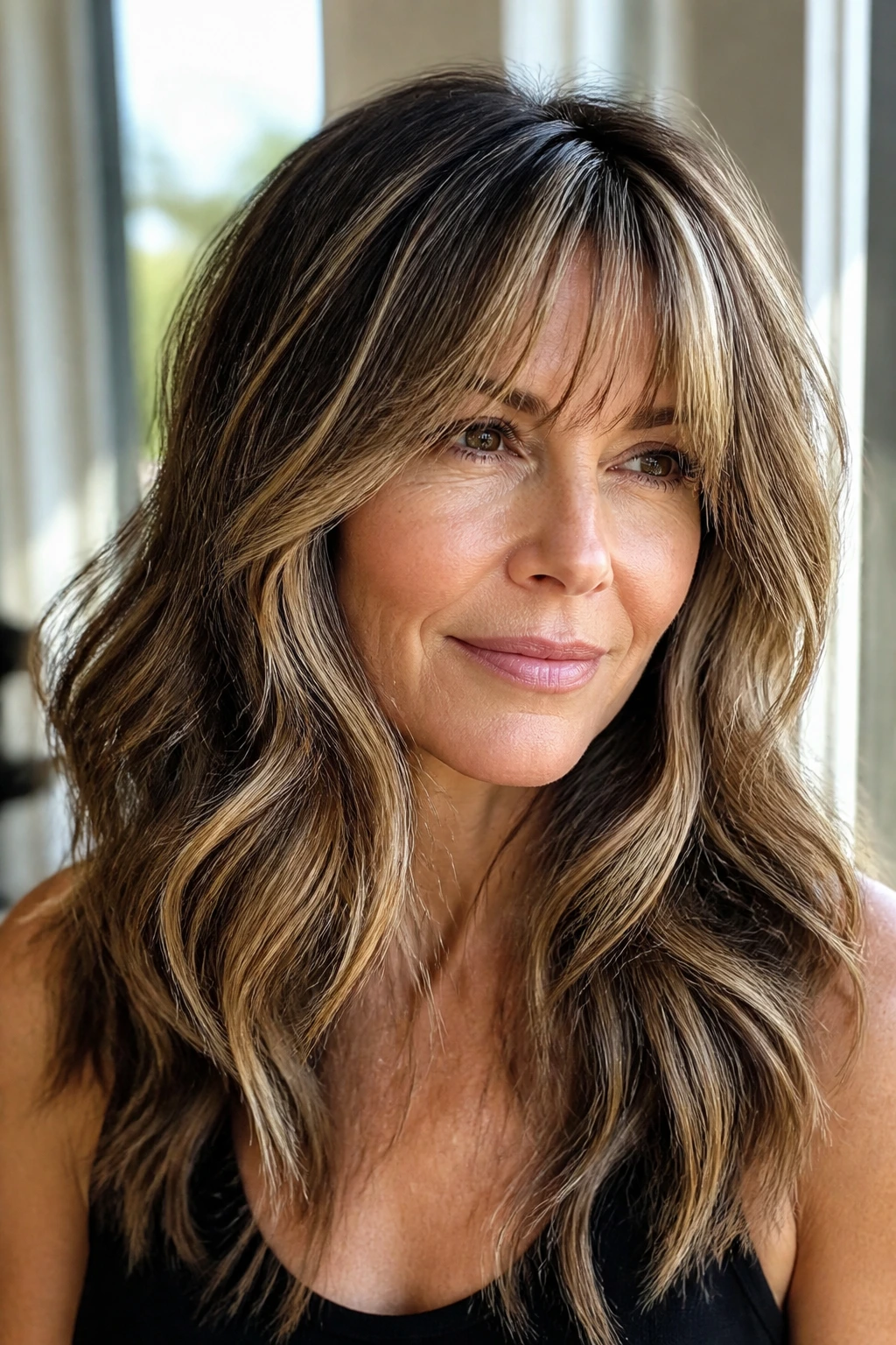 Close-up of a real woman with wavy long layers and bronde ribbons.