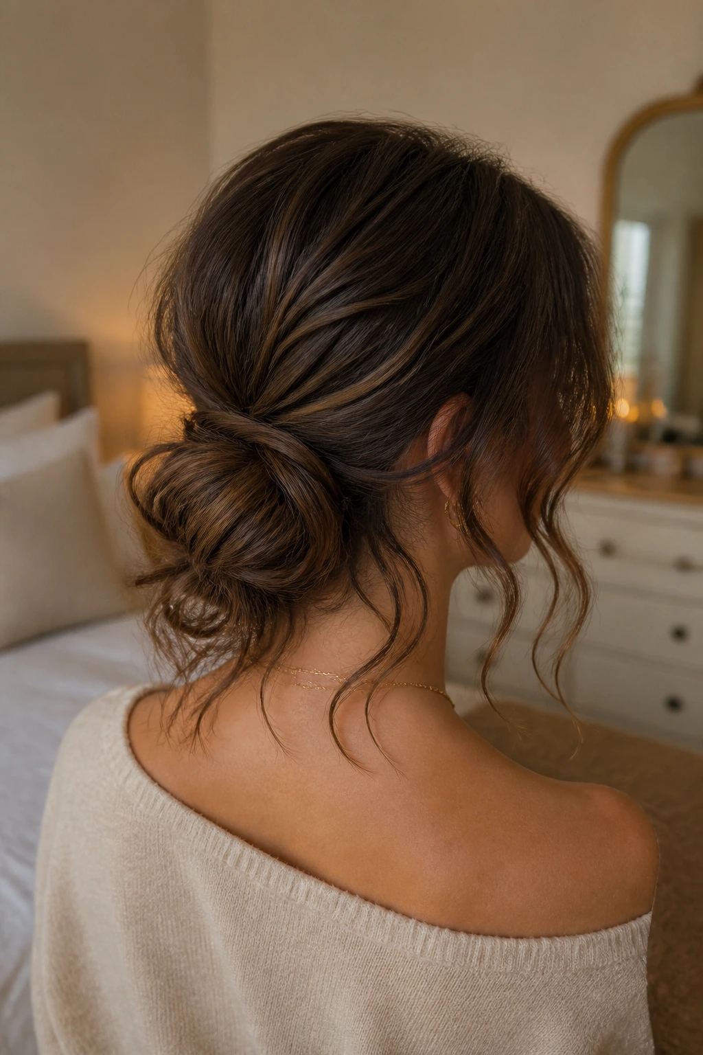 Rear three-quarter portrait of a real woman with a wavy low bun