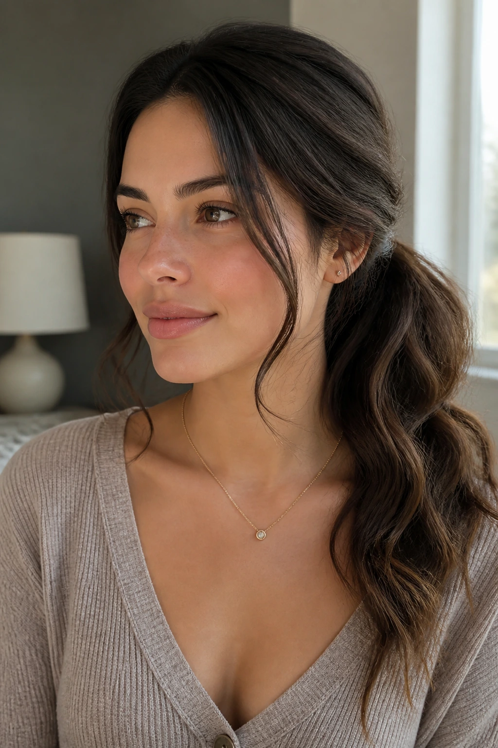 Close-up portrait of a woman with a wavy low ponytail and a loose side part in natural light