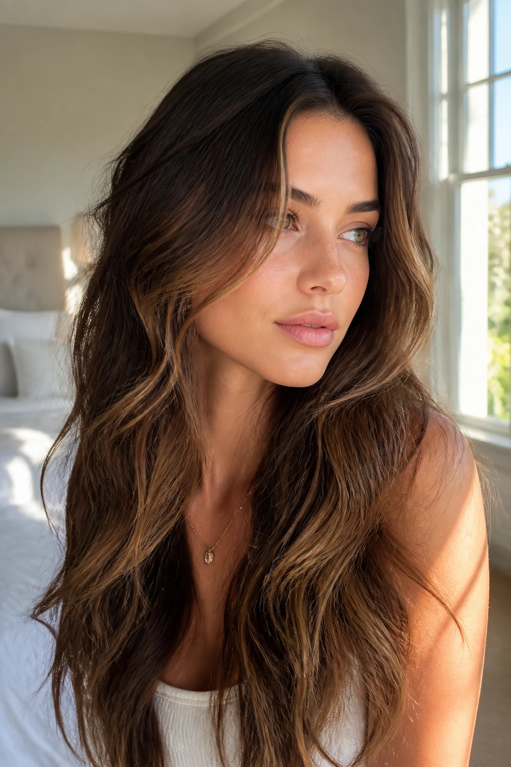 Close-up of a real woman with wavy mermaid layers and hidden pieces.