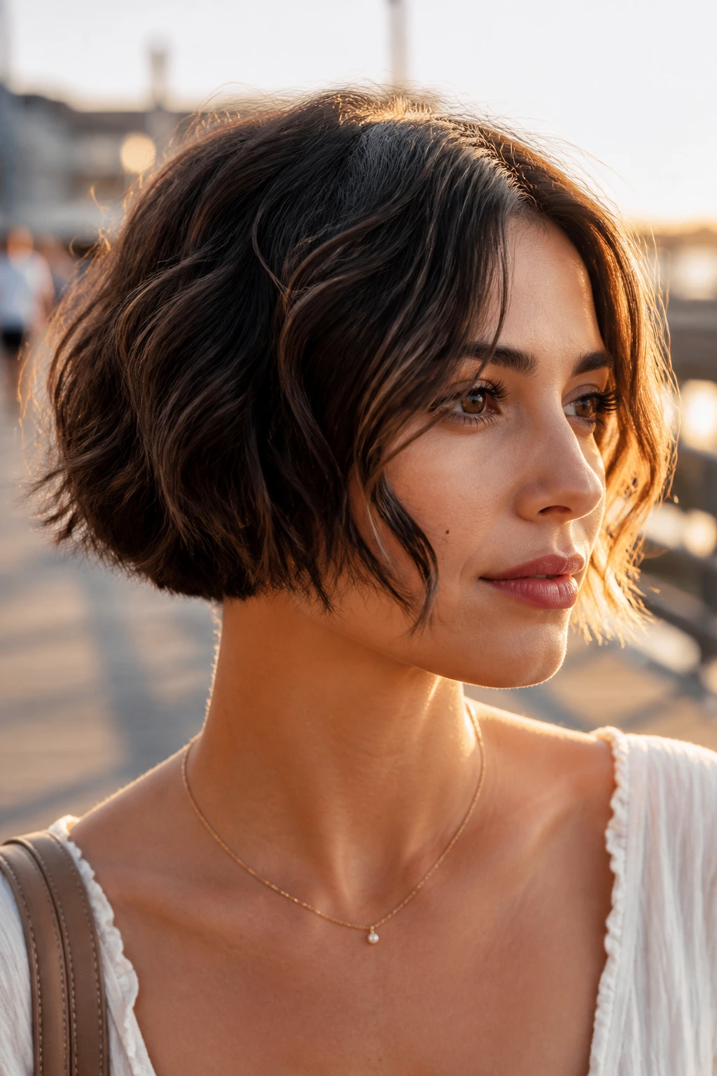 Close-up of a real woman with wavy micro bob and face-framing pieces