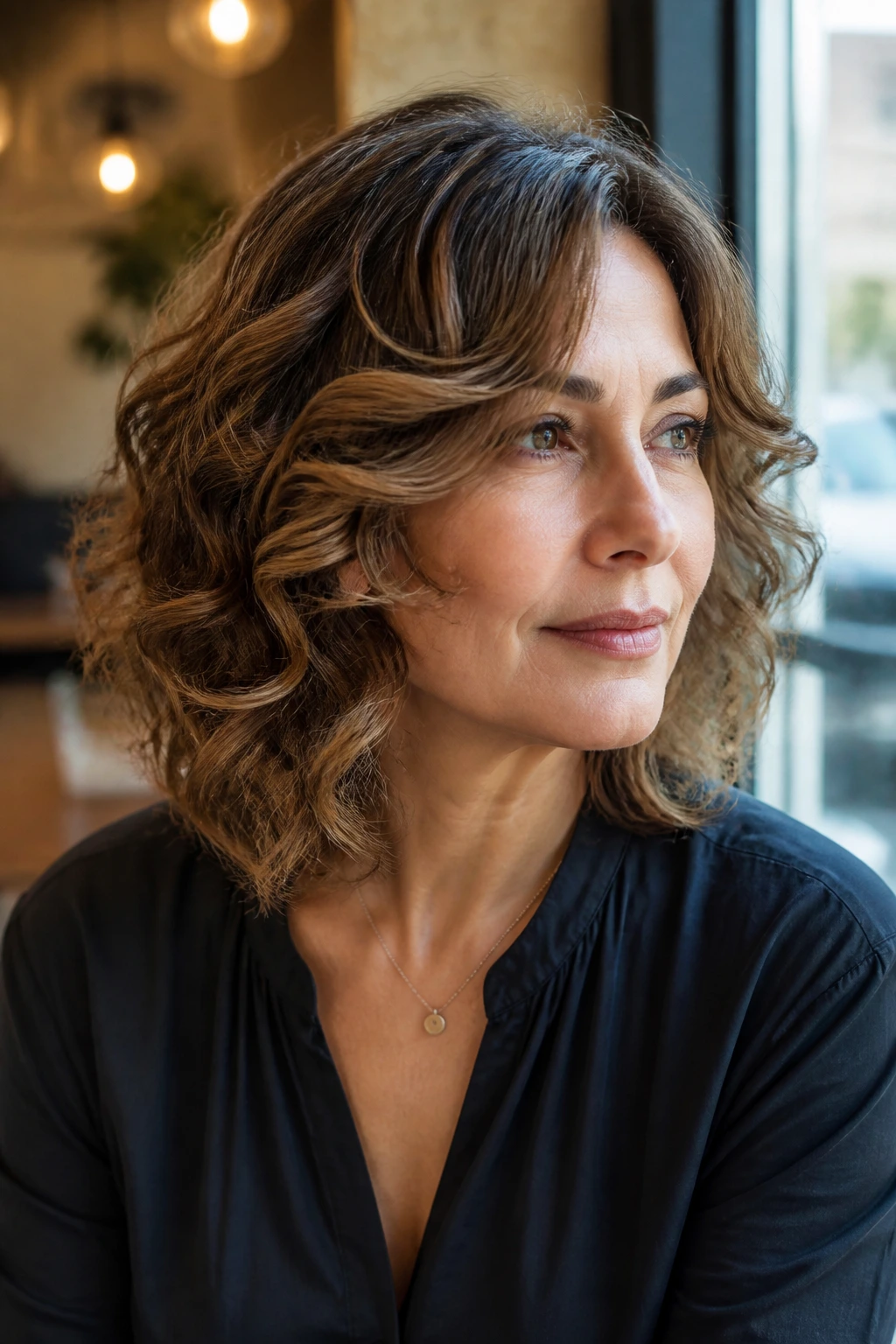 Close-up of a woman with wavy mid-length hair and cheekbone framing in a cafe setting
