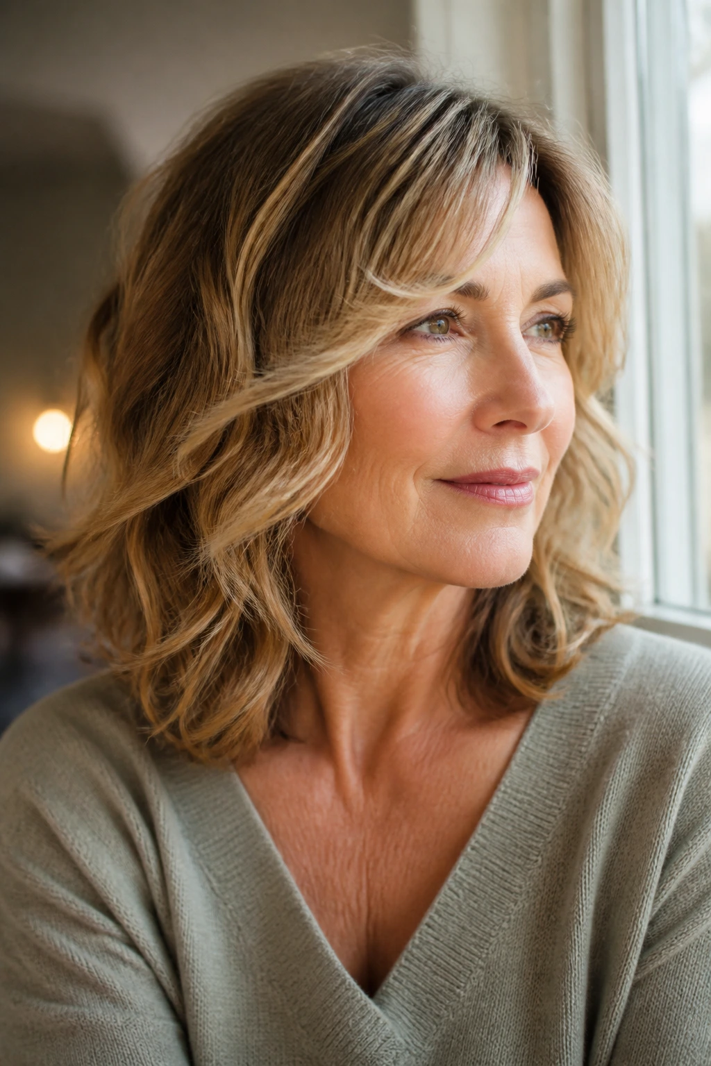 Close-up of a woman with wavy mid-length layered hairstyle