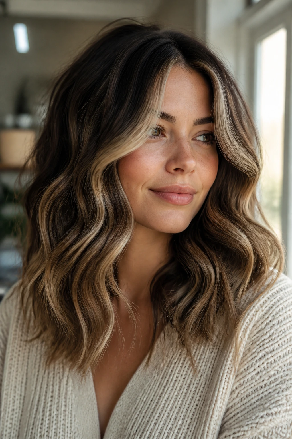 Portrait of a real woman with wavy mid-length hair and face-framing ribbons