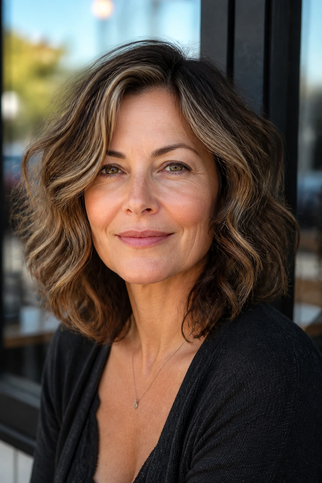 Close-up portrait of a real woman with wavy mid-length hair and shoulder-length waves in daylight