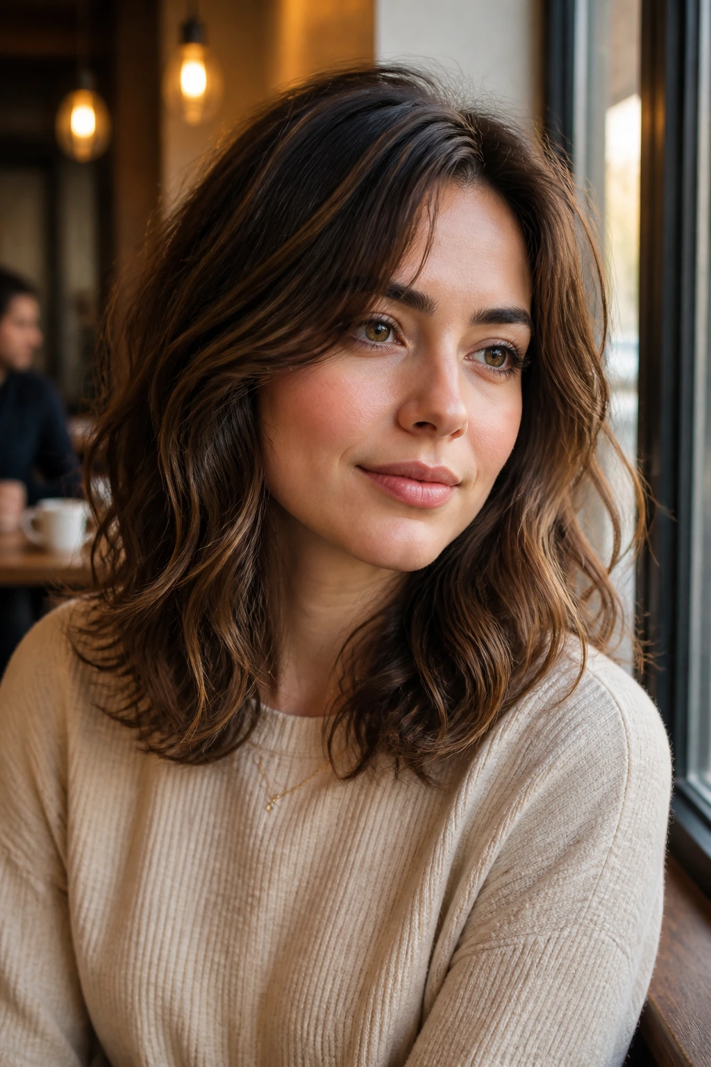 Portrait of woman with wavy midi and crown micro-layers in cafe window light