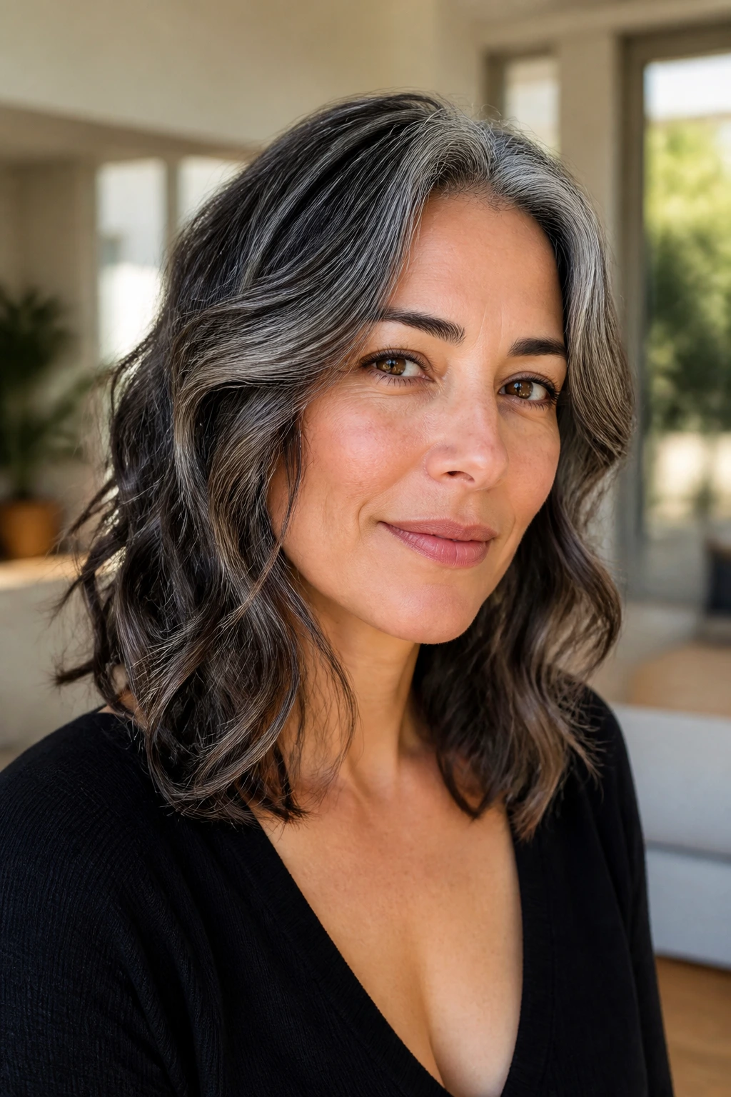 Close-up portrait of a real woman with a wavy mid-length cut showing natural bend and subtle gray strands.