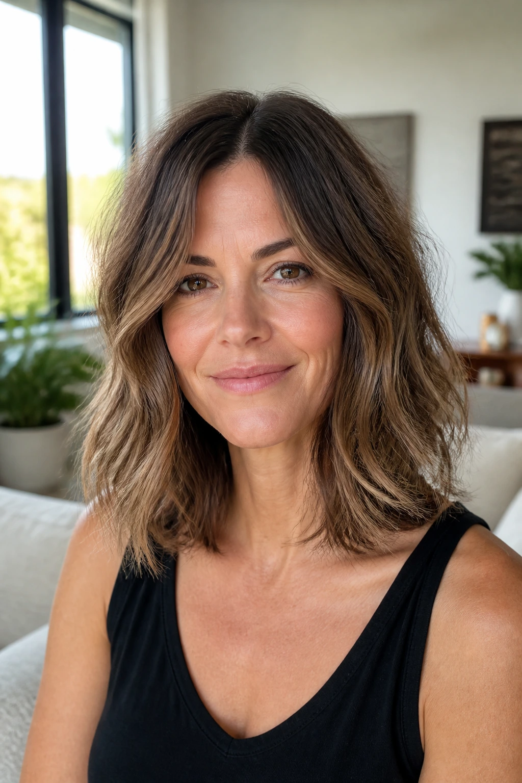 Medium close-up of a real woman with a wavy midi cut showing lighter weight under top layer