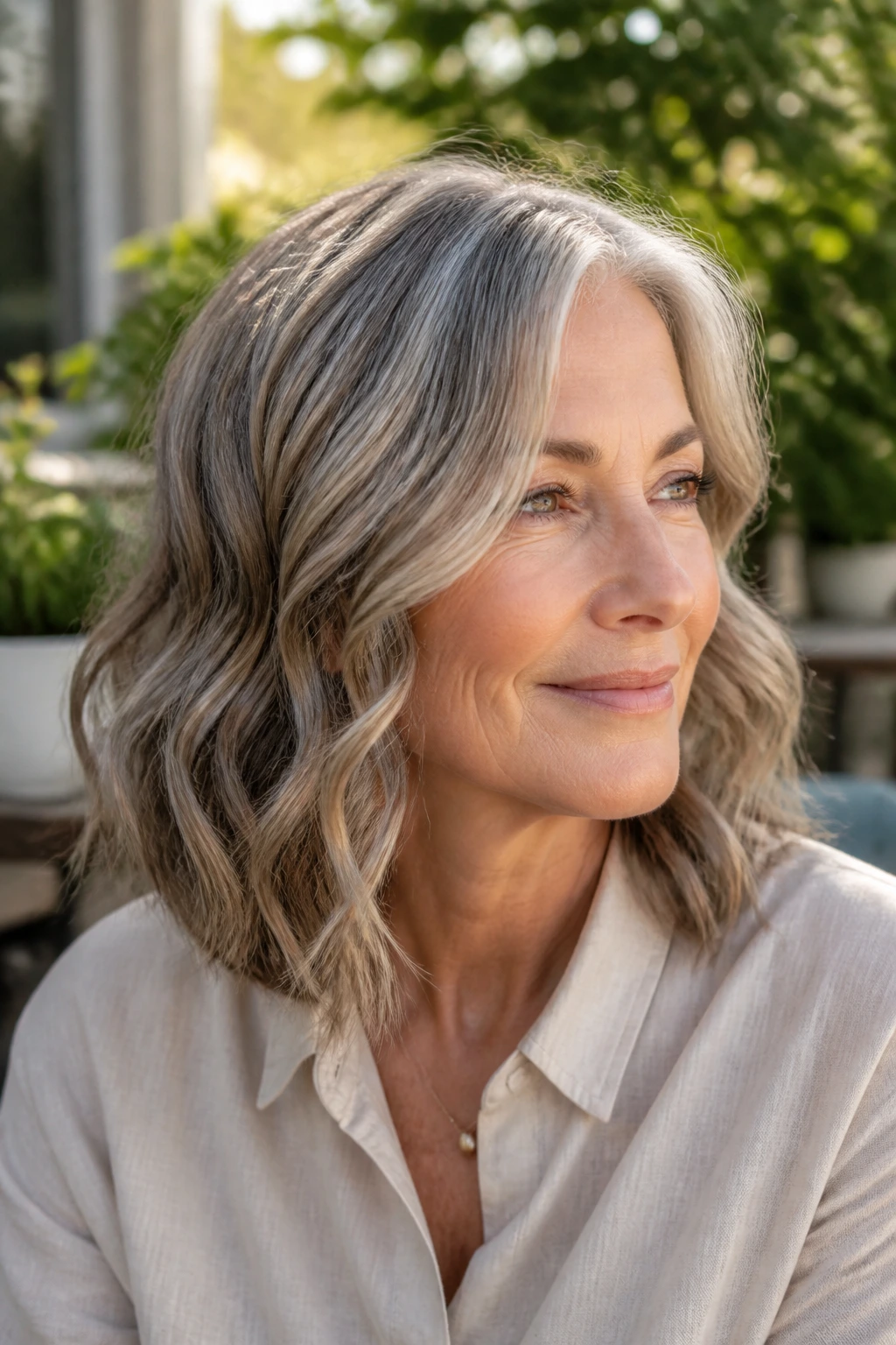 Older woman with a wavy midi haircut and face-framing pieces.