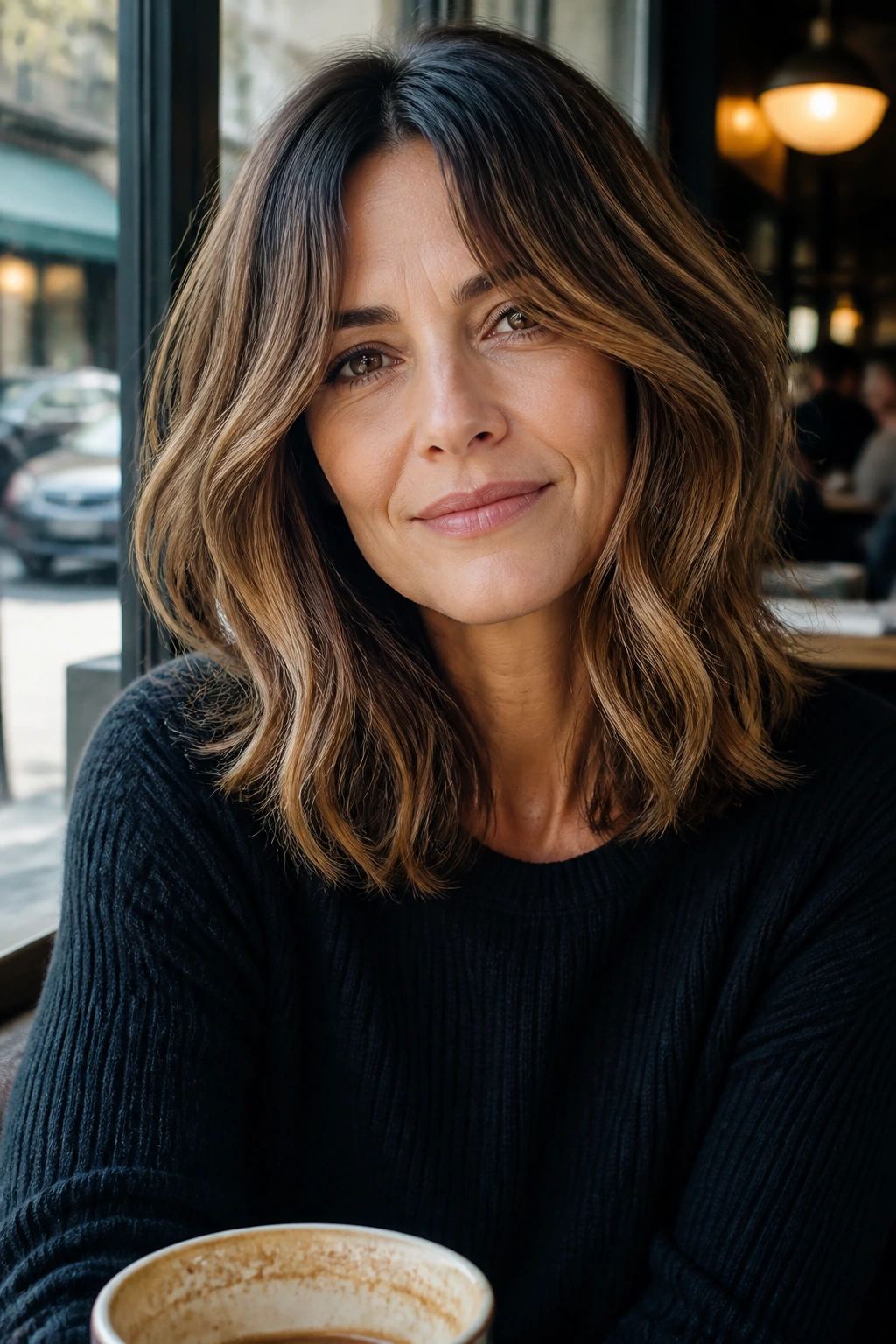 Medium close-up of a real woman with a wavy midi cut and invisible layers, caramel mid-length highlights.