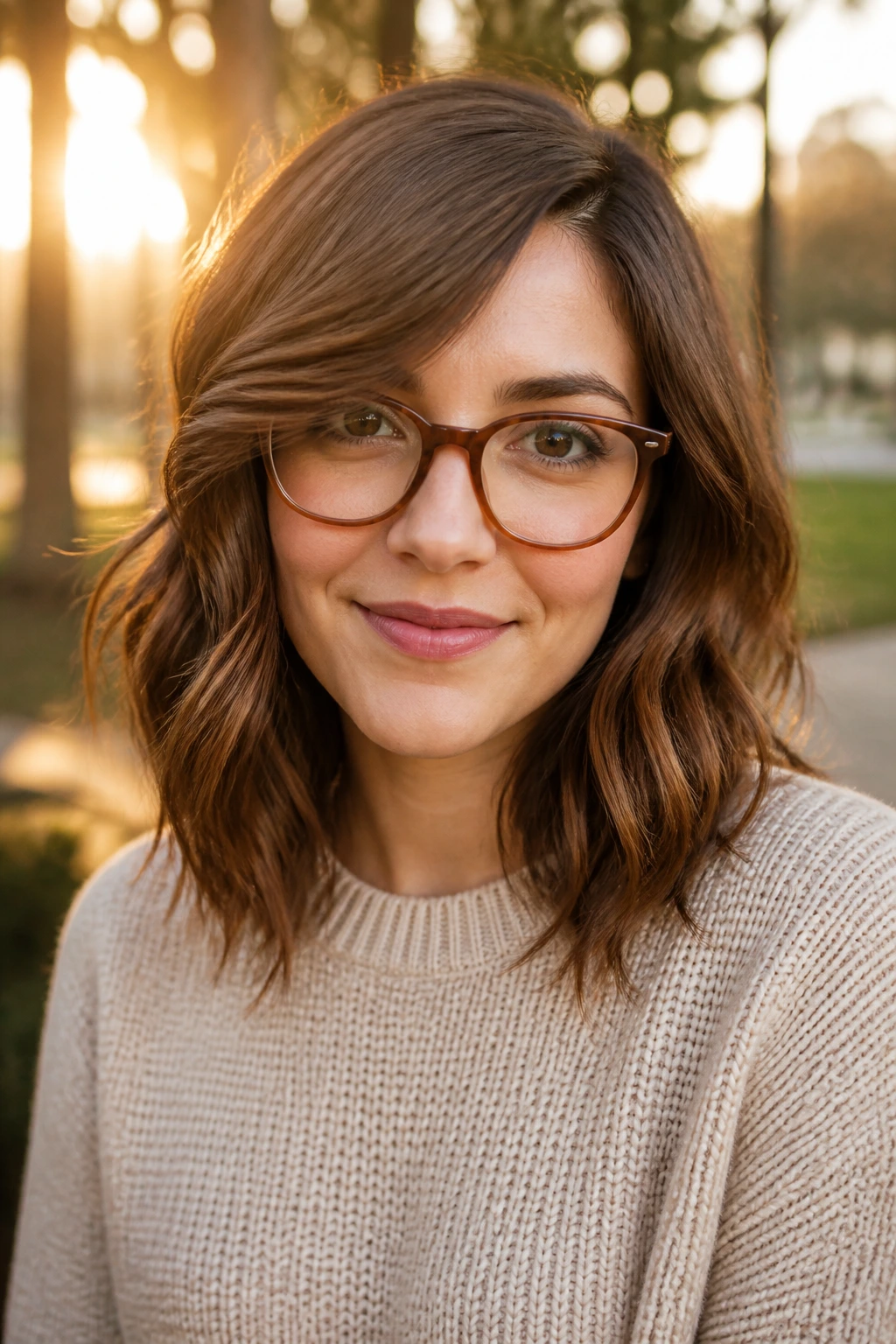 Close-up of a real person with wavy mid-length hair and an off-center part