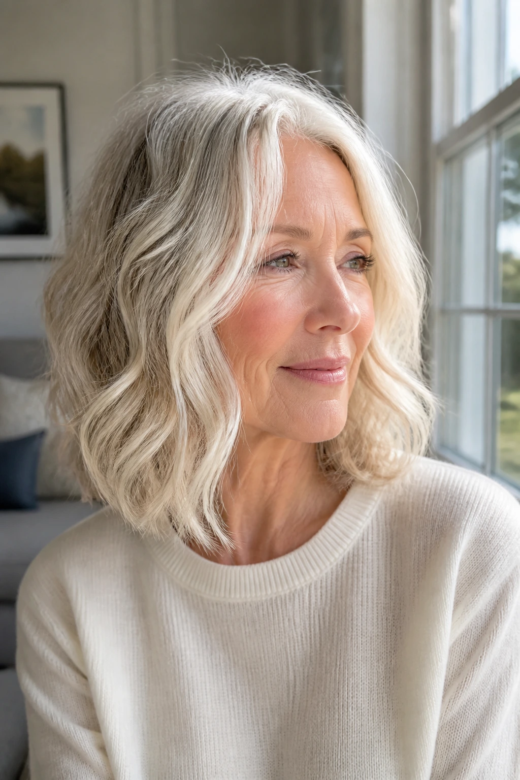 Portrait of a real person with wavy midi hair and rake-through texture.