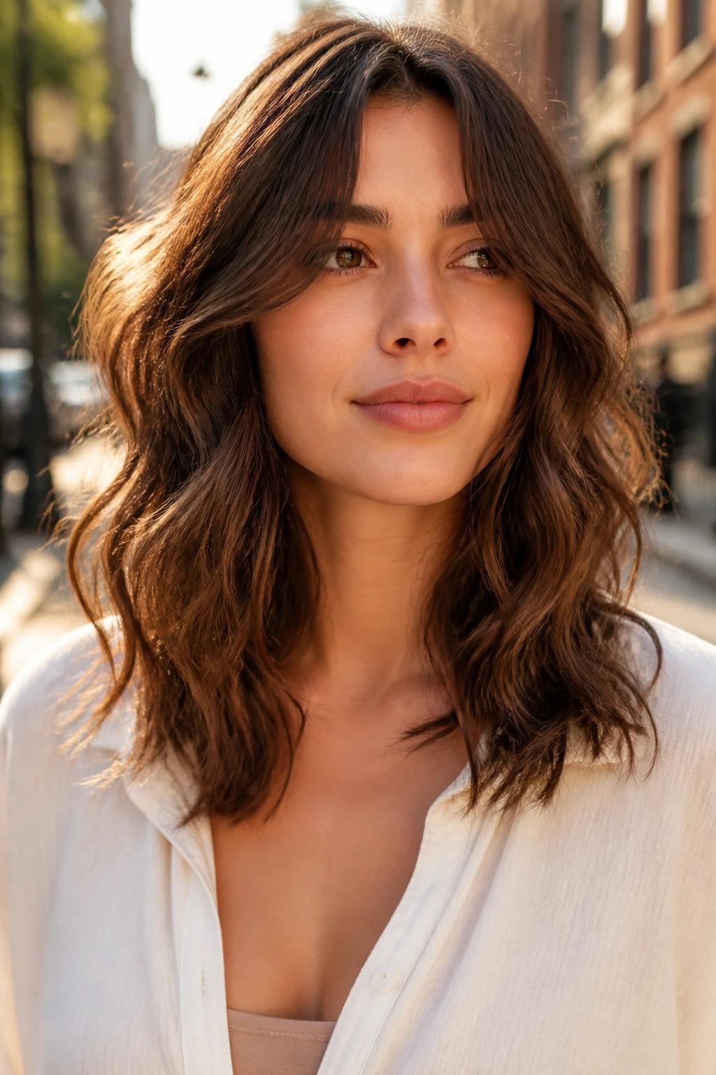 Portrait of a real woman with wavy midi hair and razored ends in an urban daylight setting.