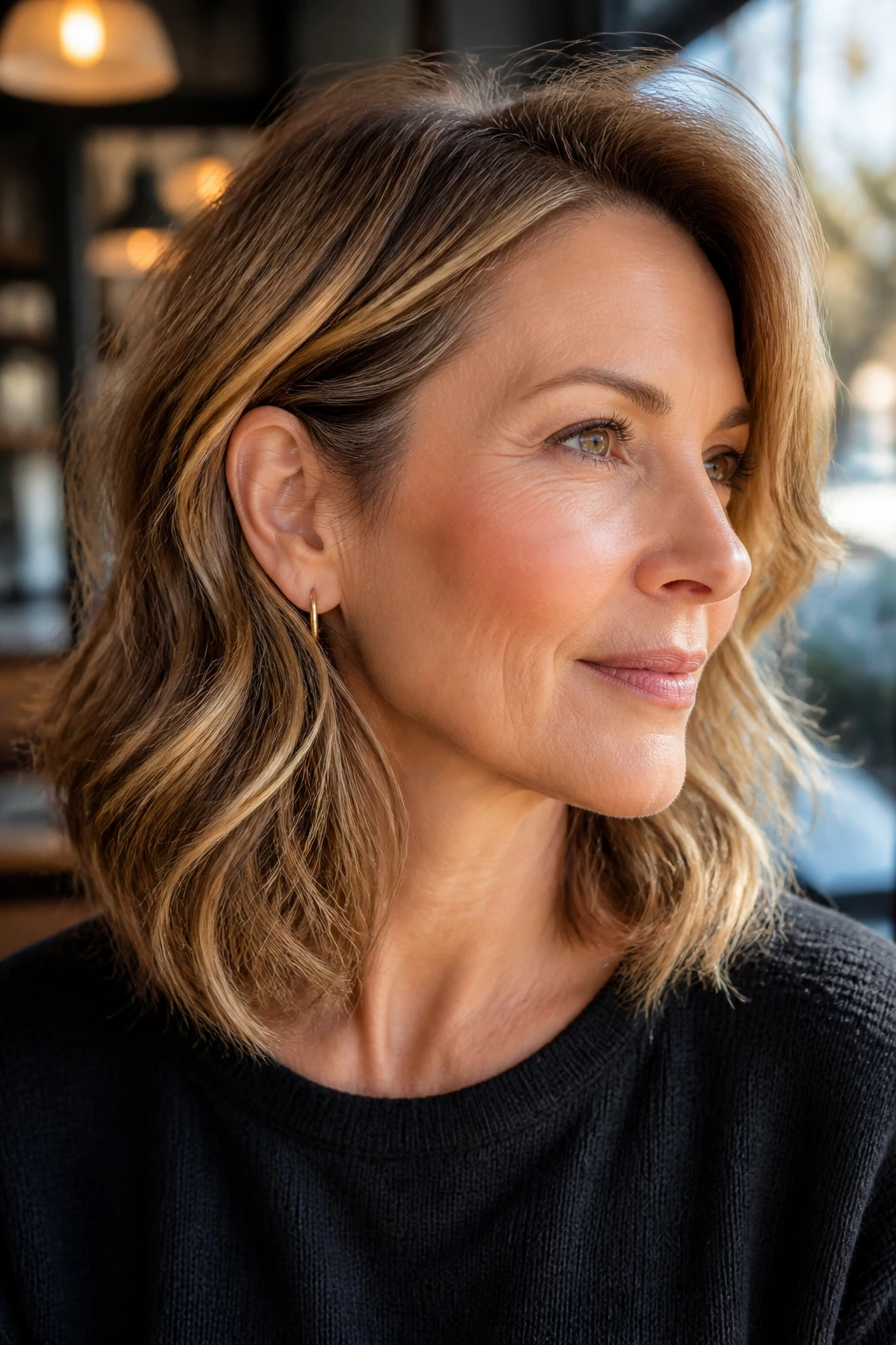 Real woman with wavy midi cut and sunlit babylights.