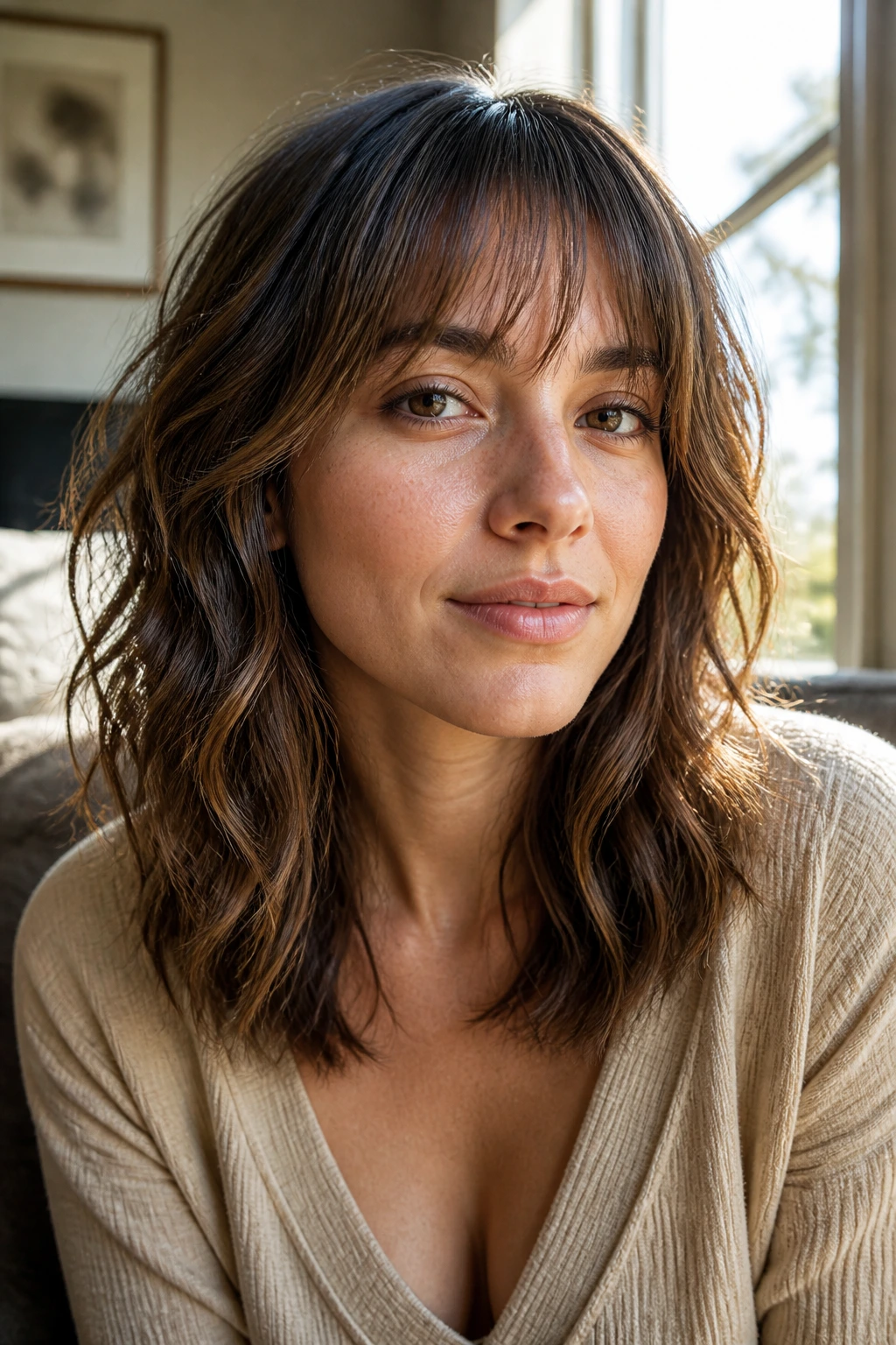 Real woman with shoulder-length wavy hair and tapered bangs in natural light