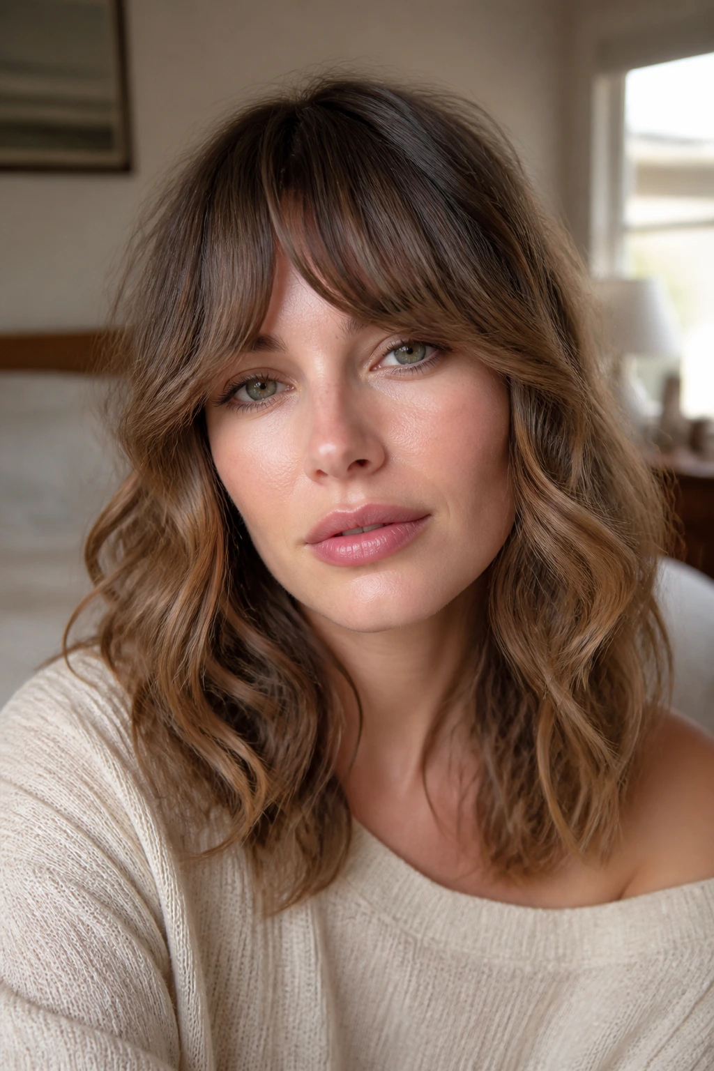 Close-up of a real woman with wavy midi hair and bottleneck bangs in window-lit bedroom