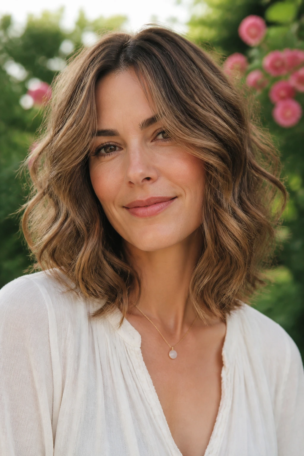 Close-up of a real woman with a wavy mid-length haircut building lift