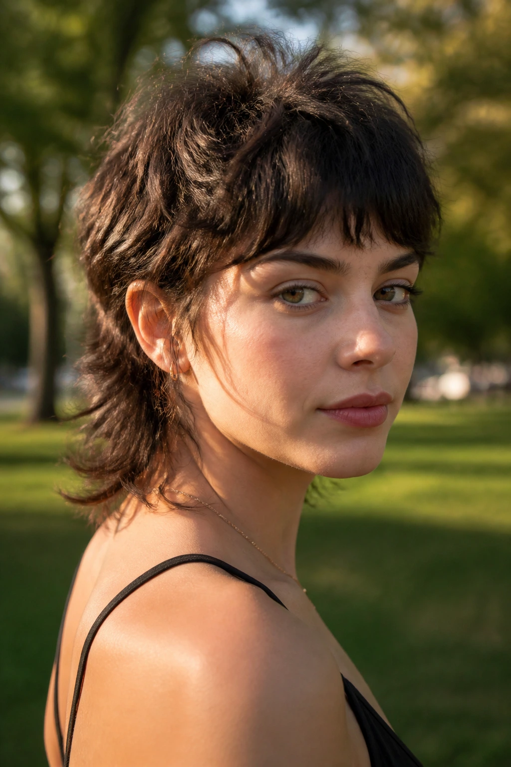Close-up portrait of a real person with a wavy mixie haircut