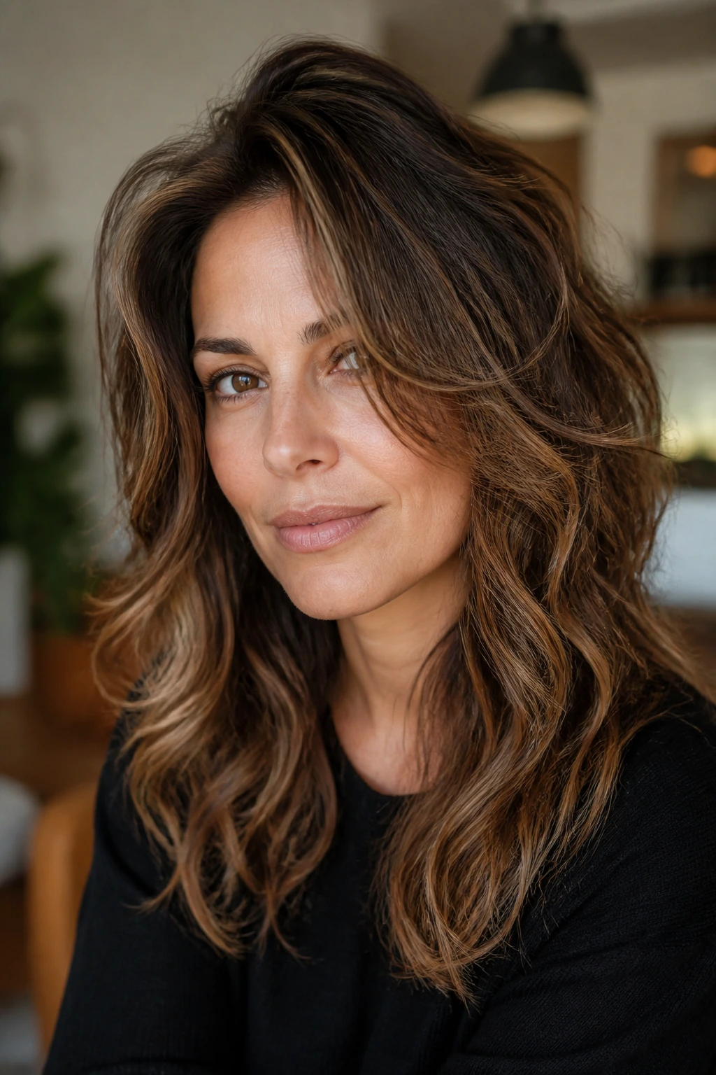Portrait of a real woman with wavy hair showing movement variations in the hairstyle