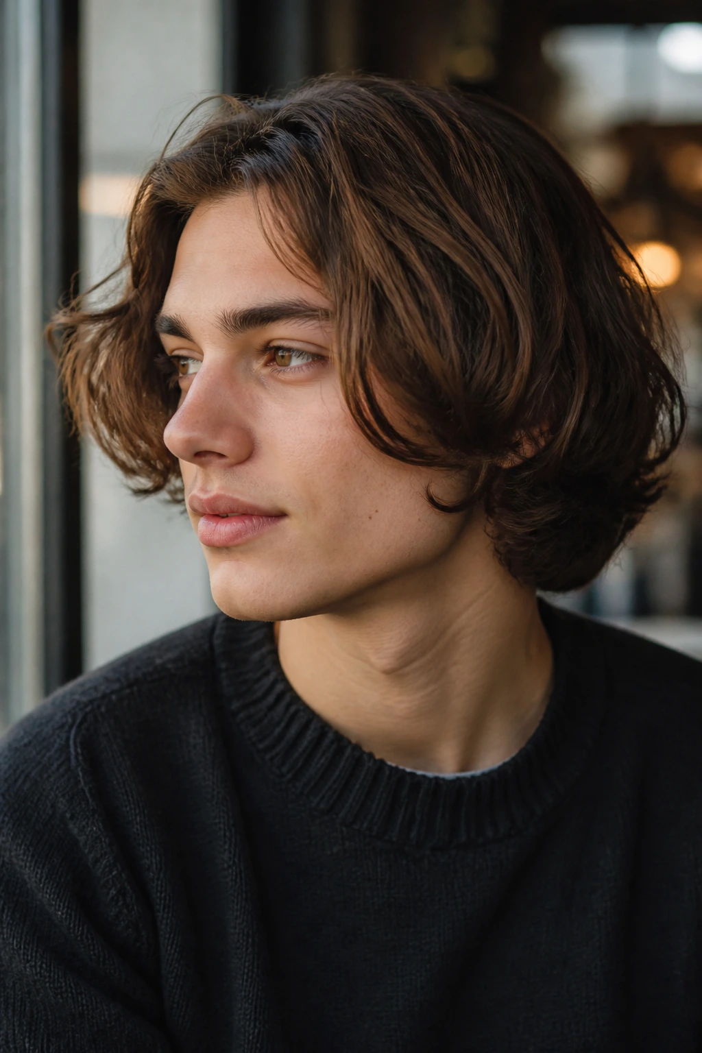 Close-up portrait of a real person with a Wavy Pageboy With a Loose Bend, soft waves around cheeks, cafe window light.