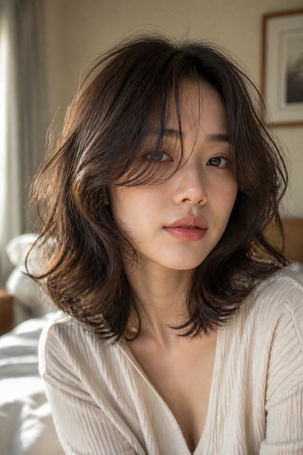 Close-up of a real woman with a wavy perm bob and curtain bangs in warm bedroom light