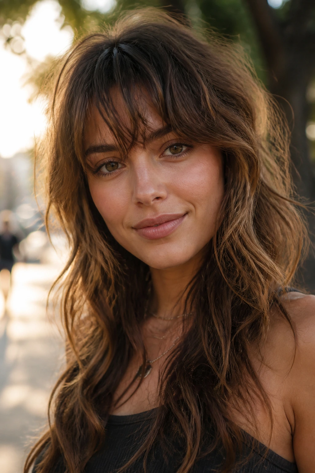 Close-up of a real woman with wavy piecey bangs