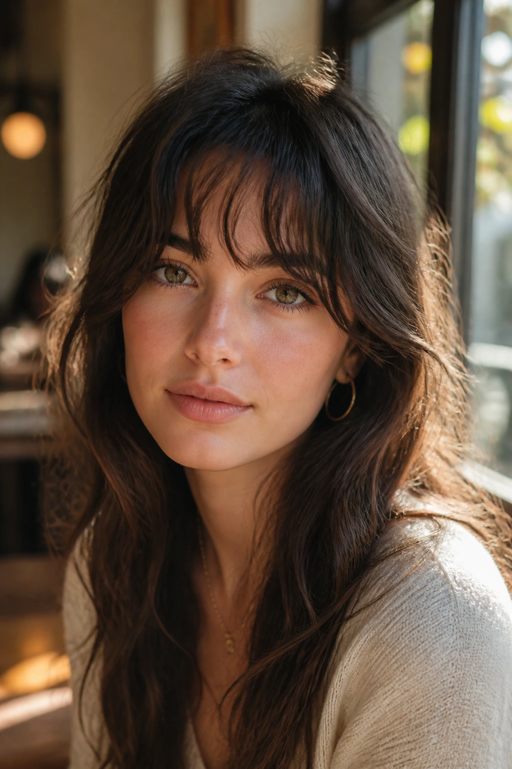 Portrait of a real person with wavy, piecey fringe and natural bend.