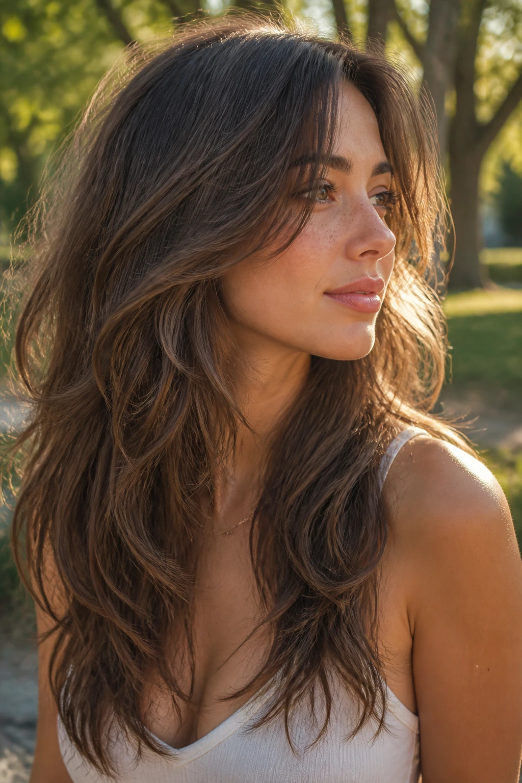Portrait of woman with wavy piecey layers and separated ends in golden hour park light