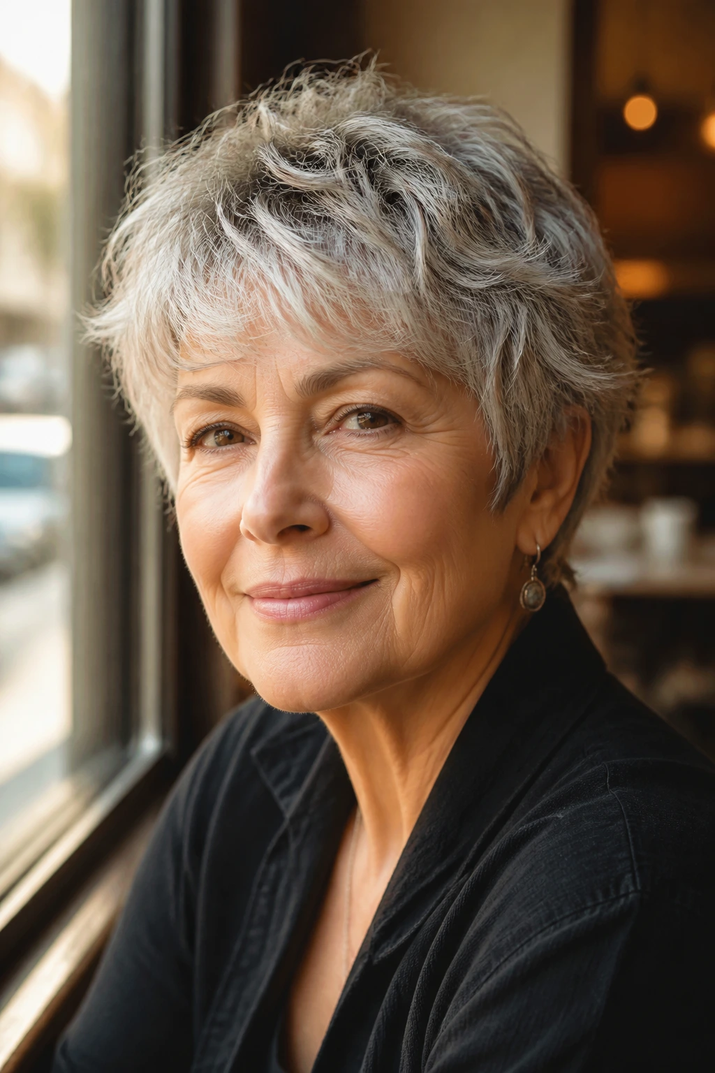 Close-up of a real woman with natural waves in a wavy air-dry pixie