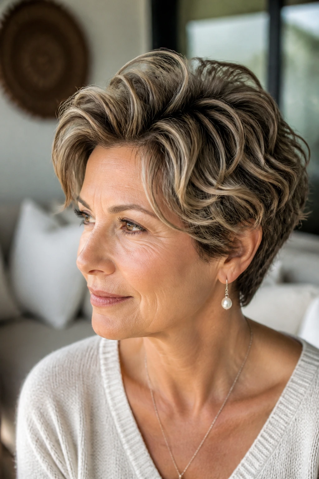 Real woman with a wavy pixie bob and lifted crown showing lowlights