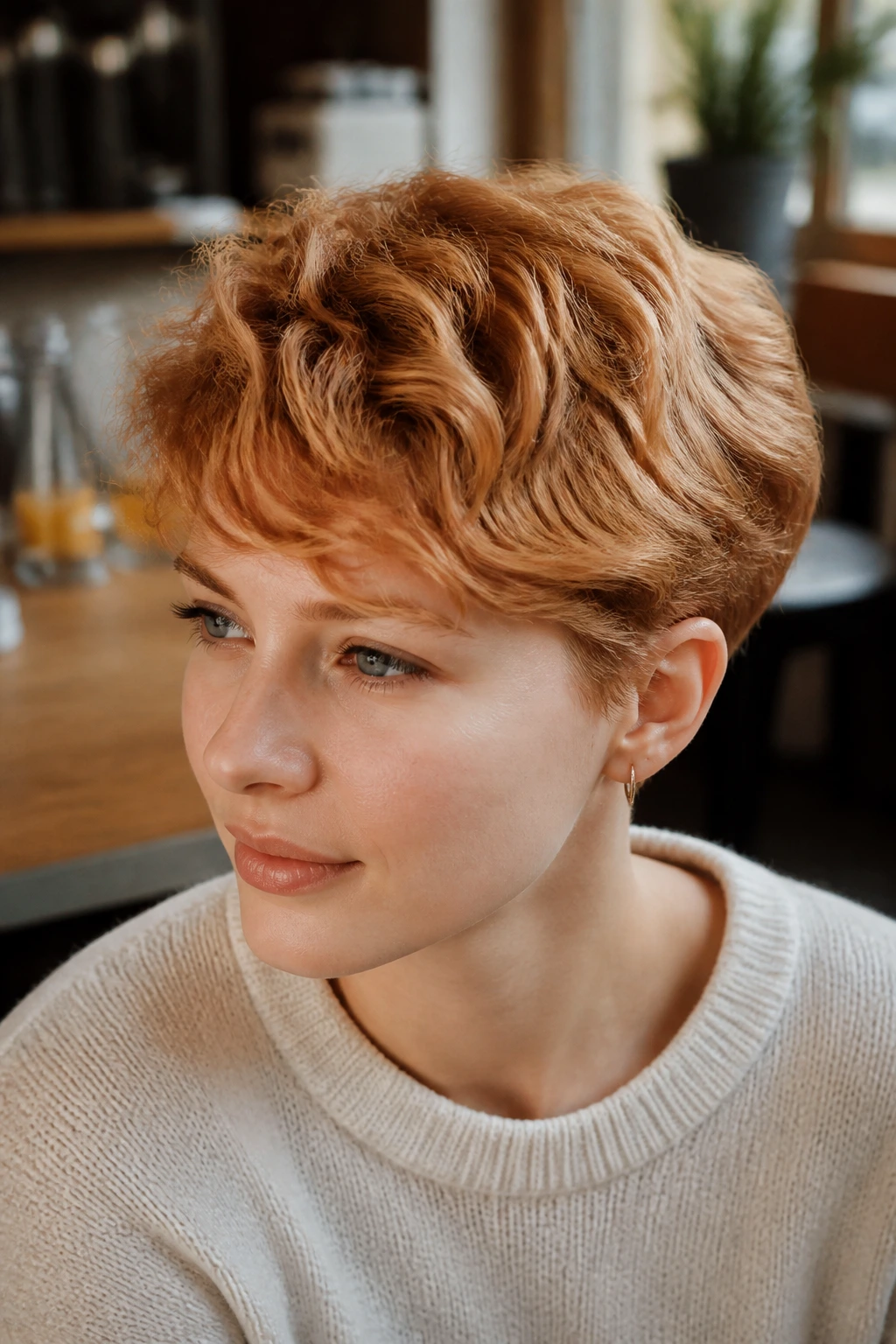 Close-up portrait of a real person with a short, wavy pixie crop and tucked sides