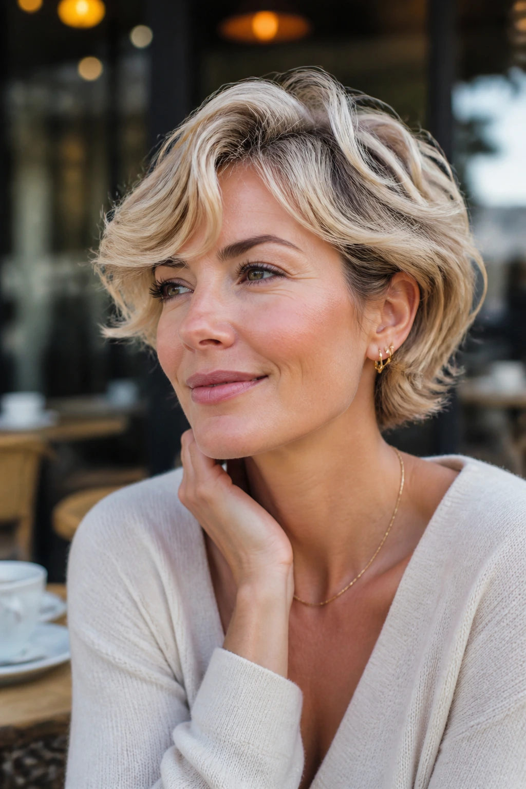 Close-up portrait of a real woman with a wavy flip pixie hairstyle