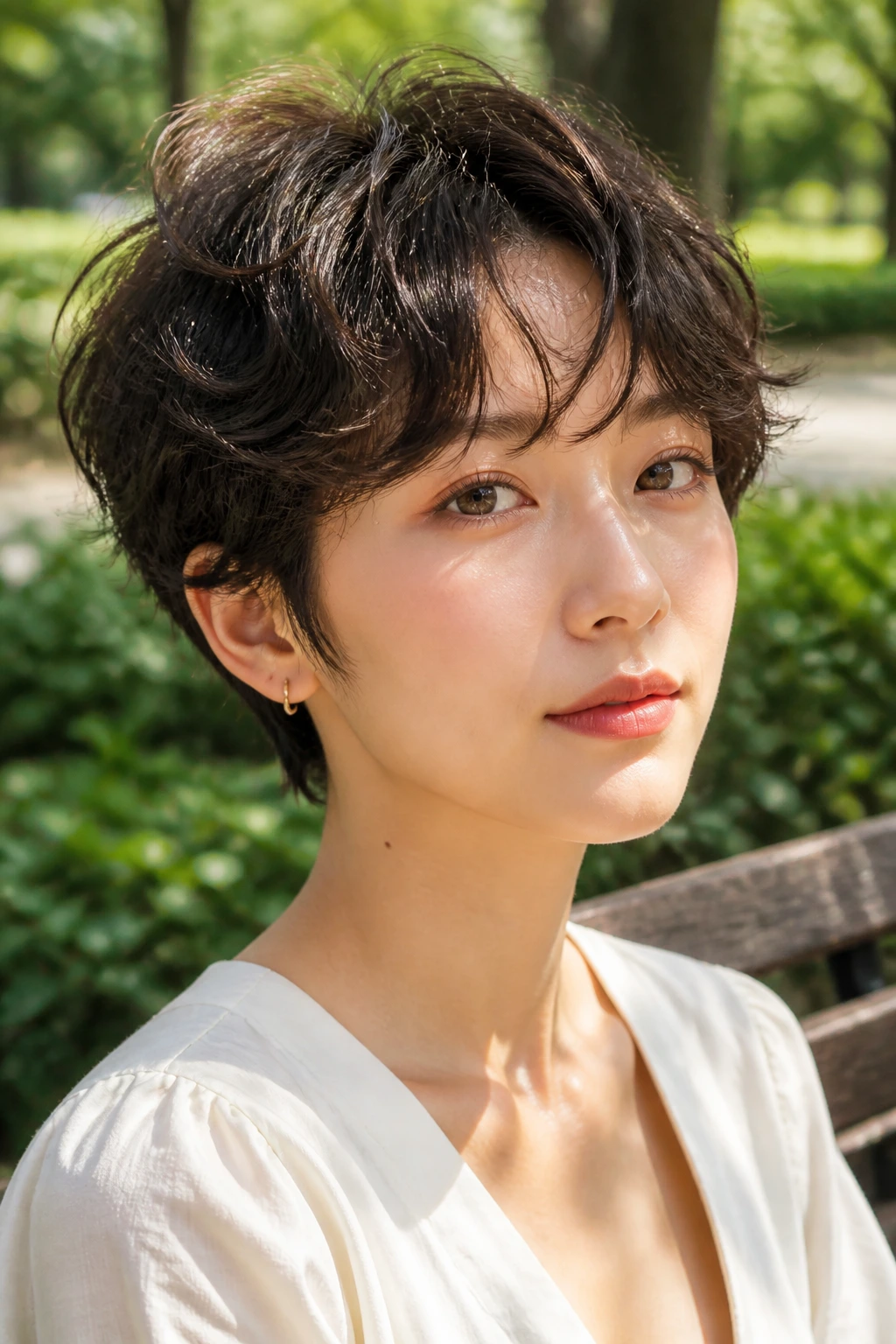 Portrait of a woman with a wavy pixie and S-curve fringe