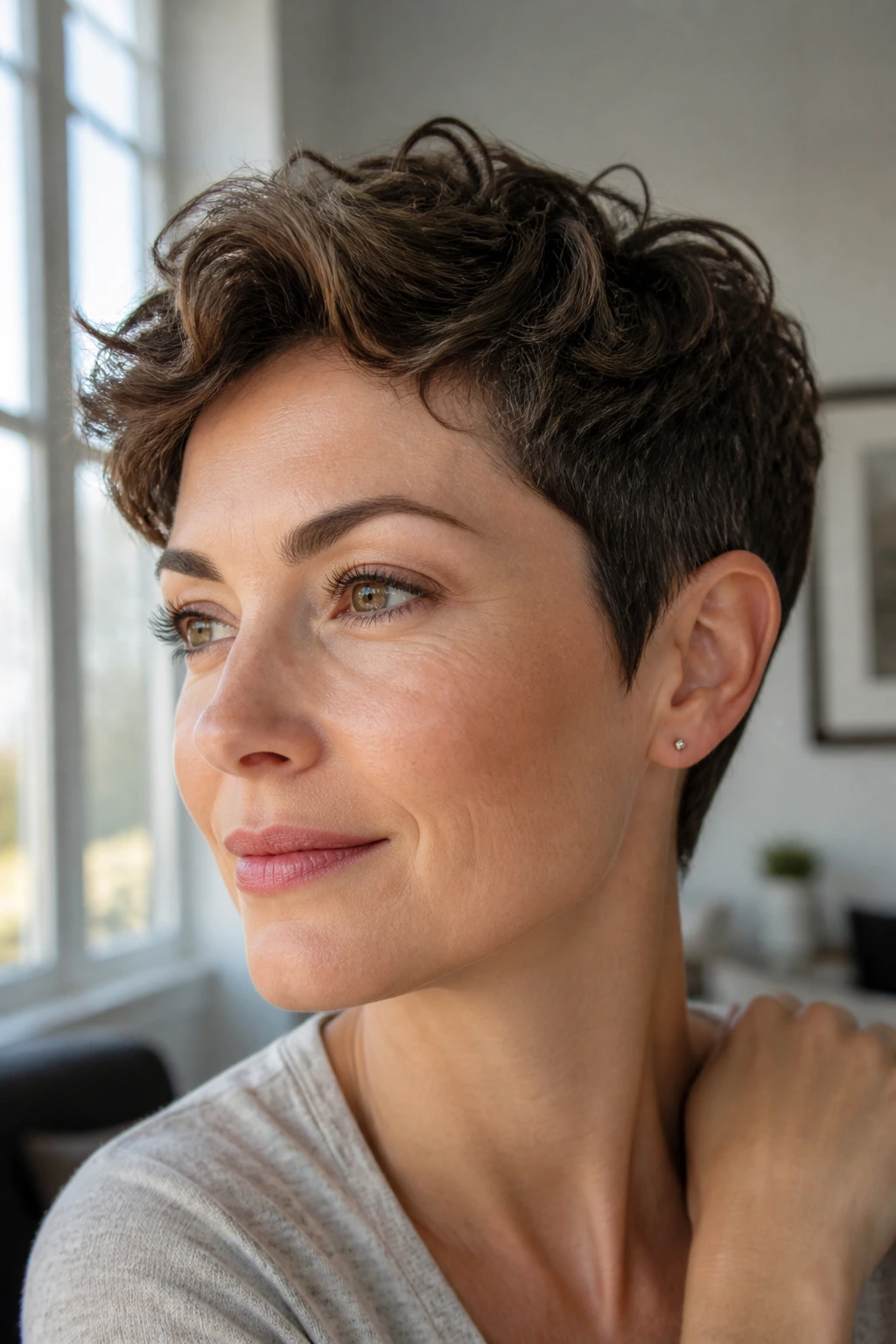 Close-up of a real woman with a wavy pixie and extra-length top.
