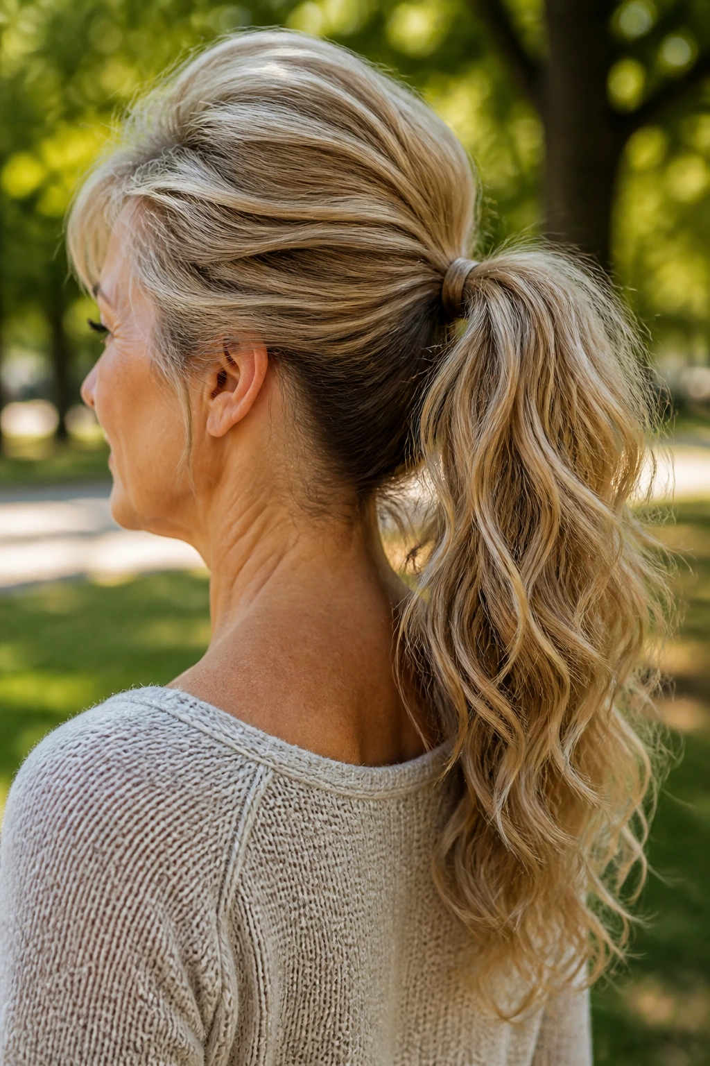 Back view of a real woman with a voluminous wavy ponytail