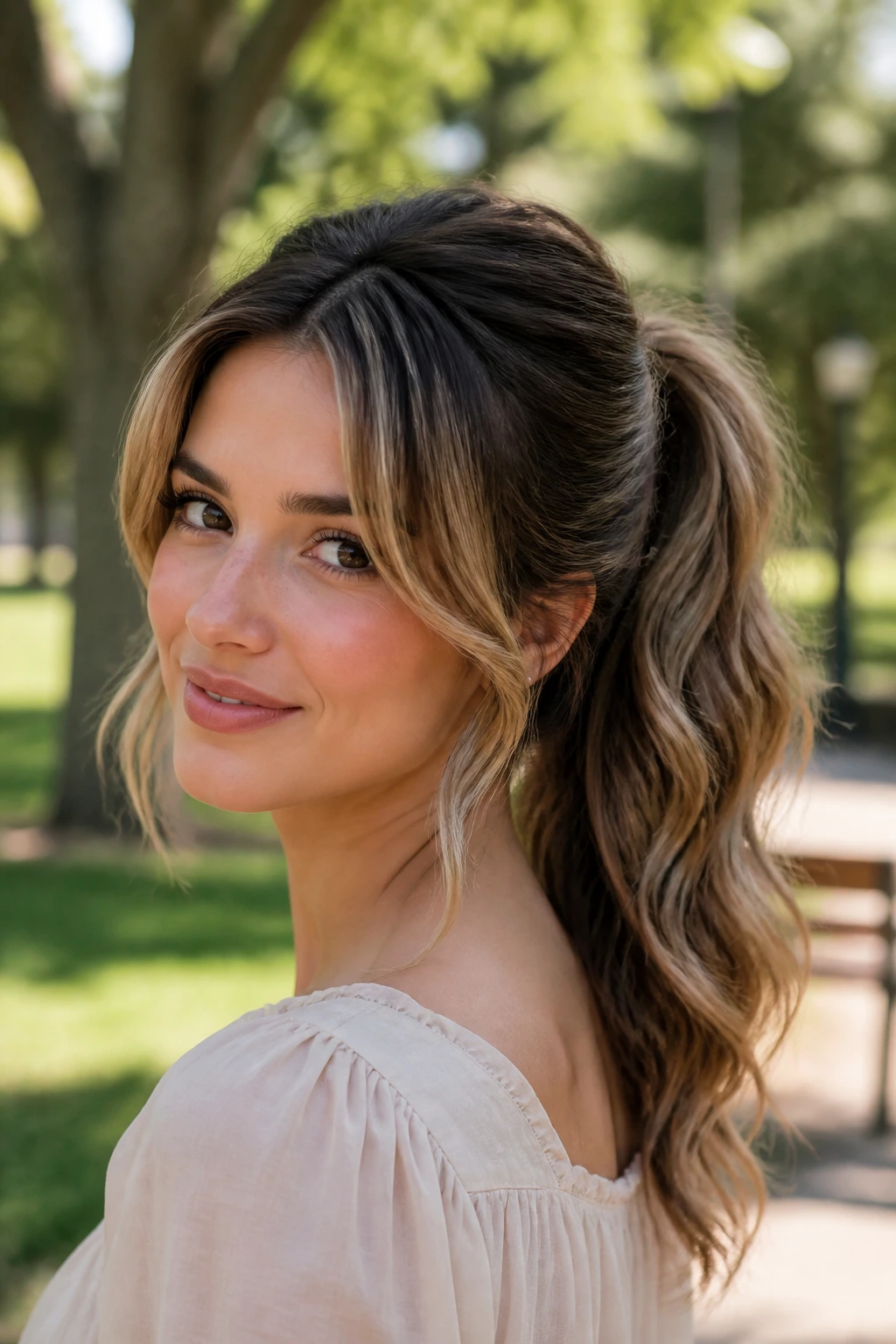 Close-up of real woman with a crown-lifted wavy ponytail and curtain bangs in outdoor daylight.