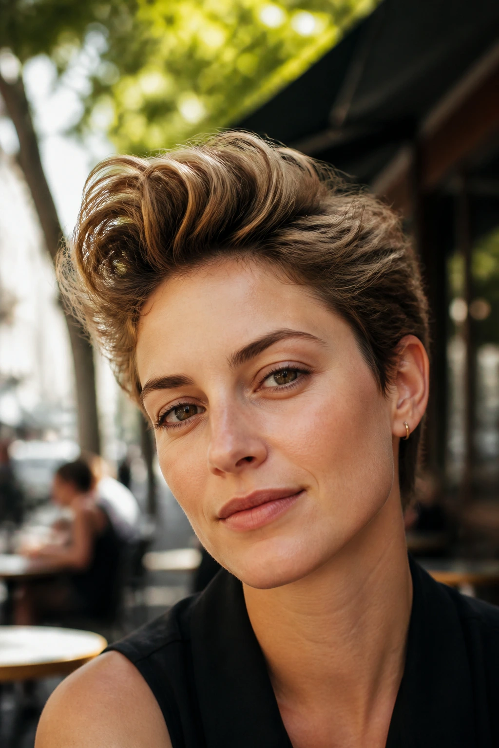 Close-up portrait of a real woman with a wavy quiff
