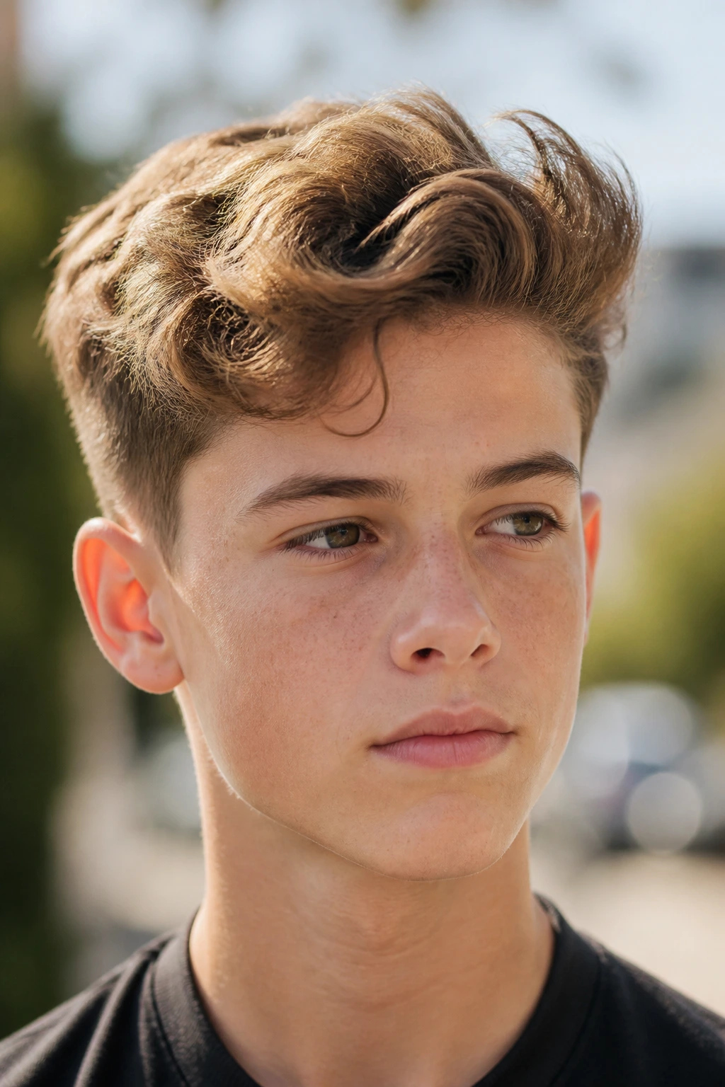 Close-up portrait of a real boy with a wavy quiff