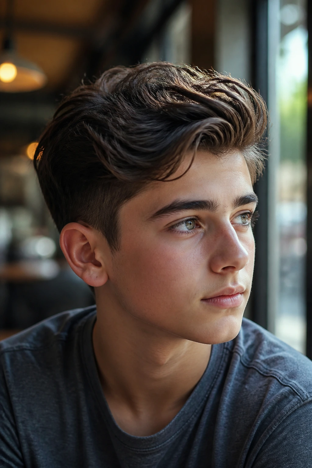 Close-up portrait of a real boy with Wavy Quiff with a Side Bias hairstyle